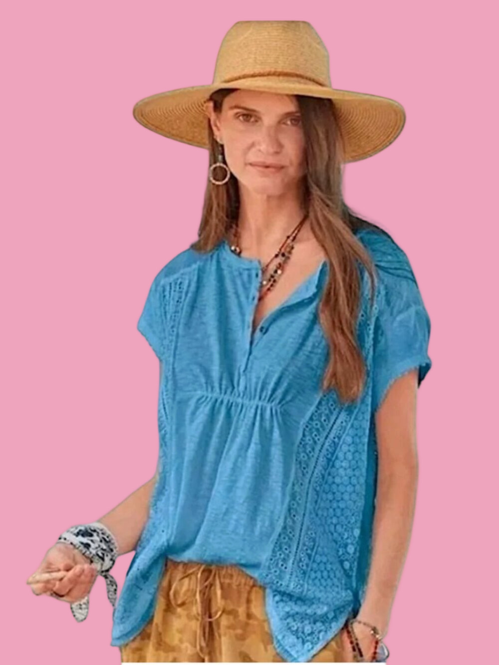 Sundance Sky Blue Short Sleeve Eyelet Peasant Top